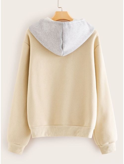 Letter Drawstring Contrast Hooded Sweatshirt