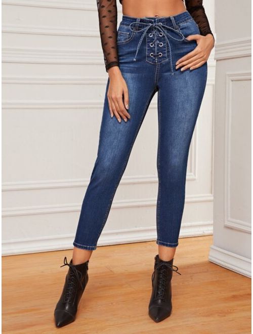 Lace Up Waist Cropped Skinny Jeans