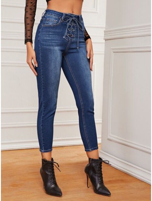 Lace Up Waist Cropped Skinny Jeans