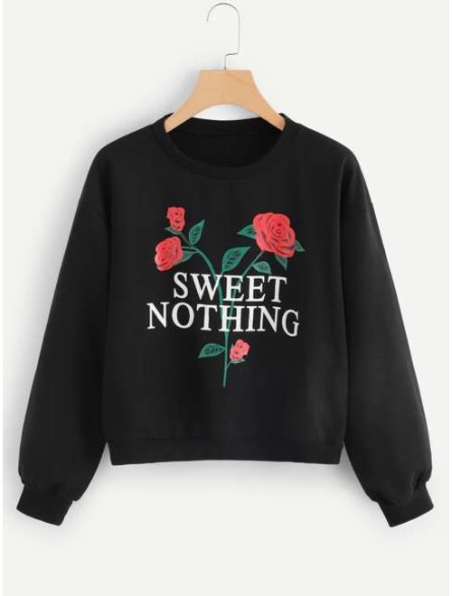 Shein Letter And Flower Graphic Sweatshirt