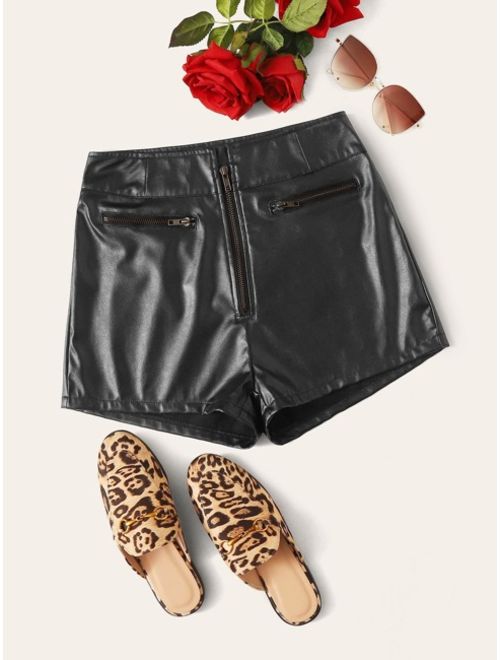 Zip Front PU Leather Shorts