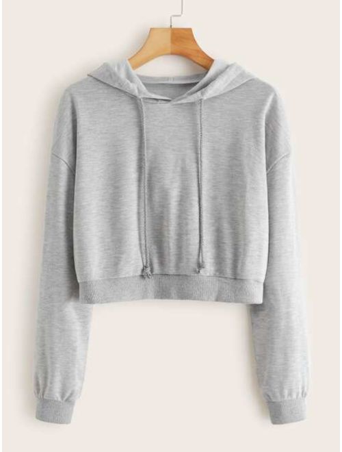 Shein Rib-knit Trim Crop Drawstring Hooded Sweatshirt