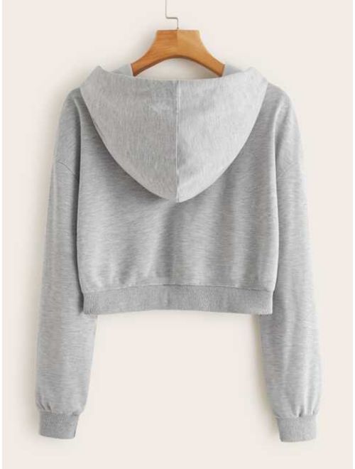 Shein Rib-knit Trim Crop Drawstring Hooded Sweatshirt