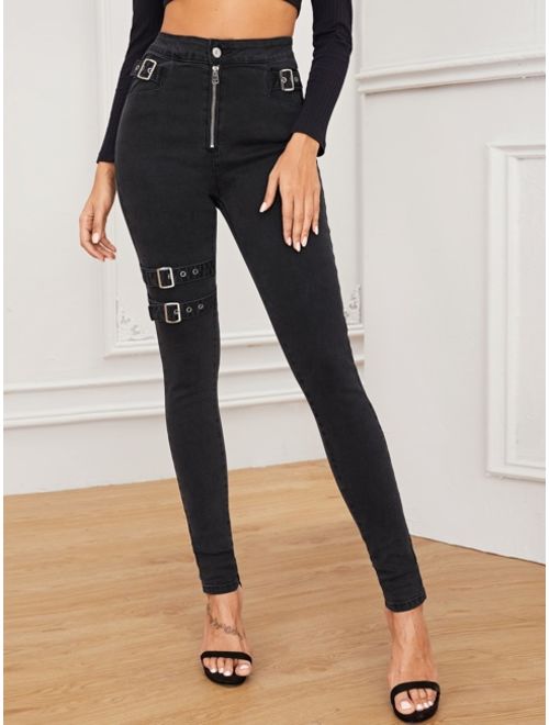 Shein Adjustable Belted Exposed Zip Front Jeans