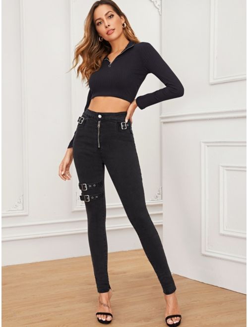 Shein Adjustable Belted Exposed Zip Front Jeans