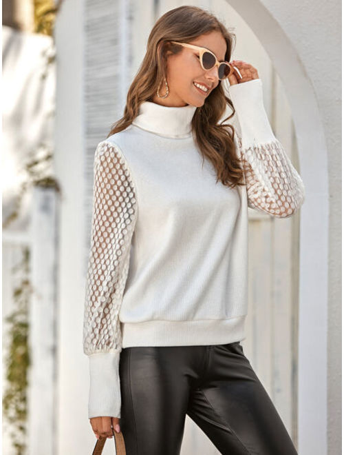 Funnel Neck Sheer Lace Sleeve Pullover