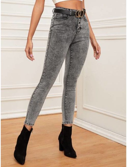 Button Fly Acid Wash Skinny Jeans Without Belt