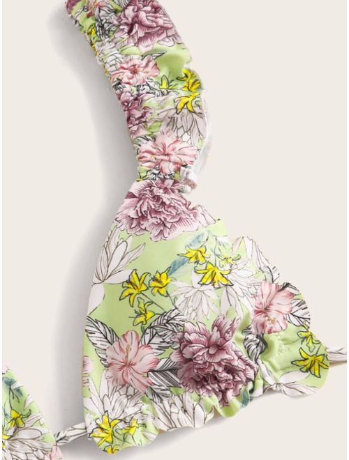 Floral Random Print Frill Trim High Cut Bikini