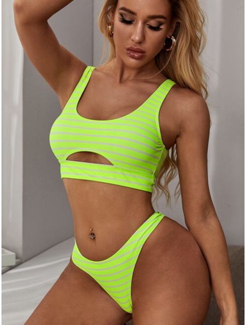 Neon Lime Striped High Cut Bikini Set