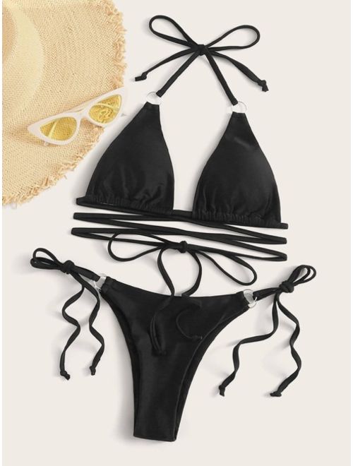 Shein Lace Up Halter Top With Tie Side Bikini
