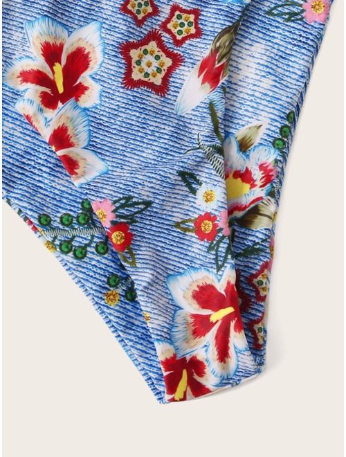 Floral Print Lace Trim Underwire Top With High Cut Bikini