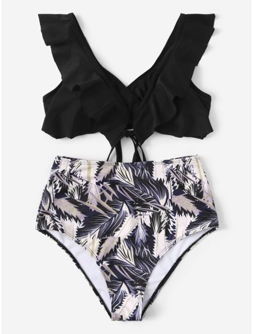 Ruffle Top With Random Leaf Print Bikini Set
