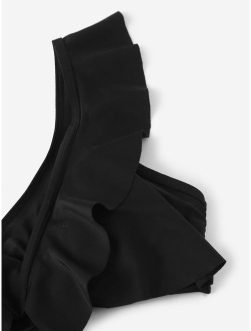 Ruffle Top With Random Leaf Print Bikini Set