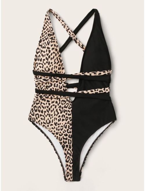 Contrast Leopard Lace Up One Piece Swimwear