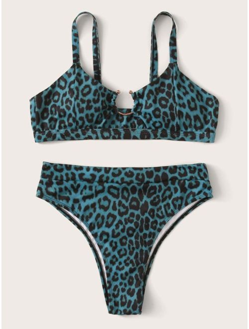 Leopard Top With High Waist Bikini Set
