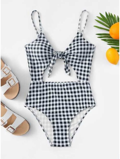 Gingham Pattern Cut-Out One Piece Swimsuit