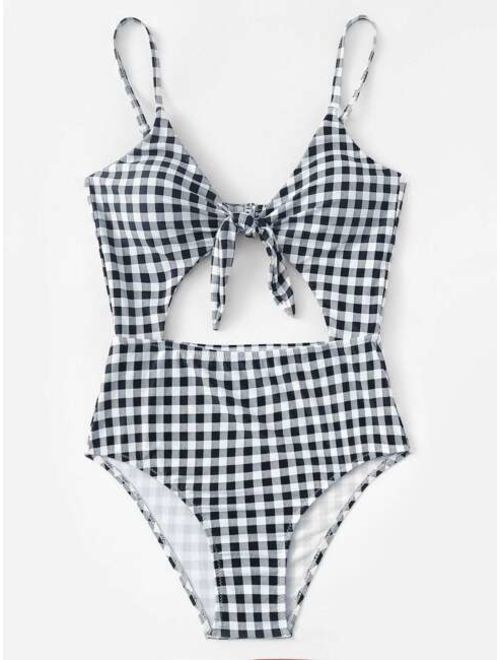 Gingham Pattern Cut-Out One Piece Swimsuit