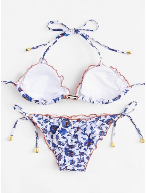 Frill Trim Floral Top With Side Bow Tie Bikini Set