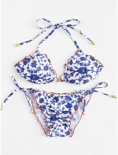 Frill Trim Floral Top With Side Bow Tie Bikini Set