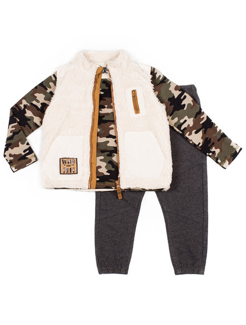 Little Lad Baby Toddler Boy Fleece Vest, Long Sleeve Camo T-shirt & Drawstring Pant, 3pc Outfit Set