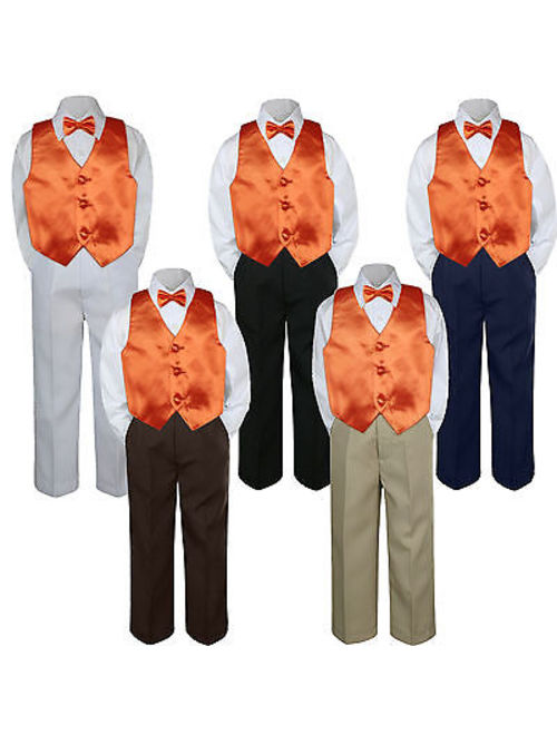 4pc Boys Suit Set Orange Bow Tie Vest Baby Toddler Kid Pants S-7 Wedding Party