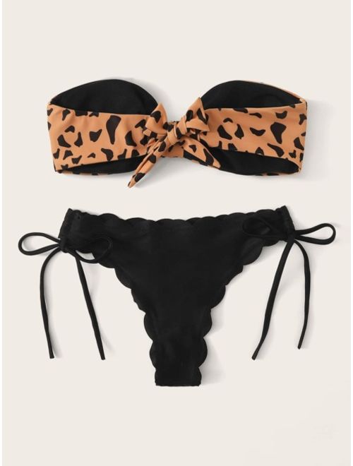 Leopard Knot Front Bandeau Bikini Set