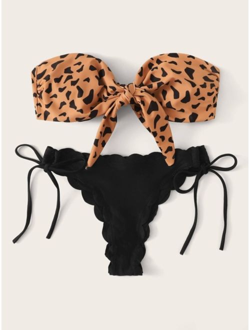Leopard Knot Front Bandeau Bikini Set