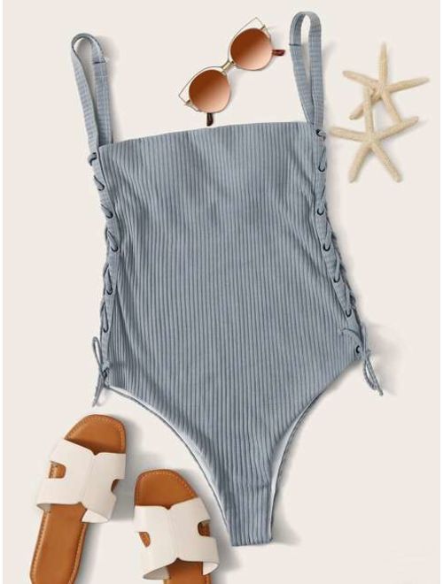 Textured Lace-up Side One Piece Swimwear