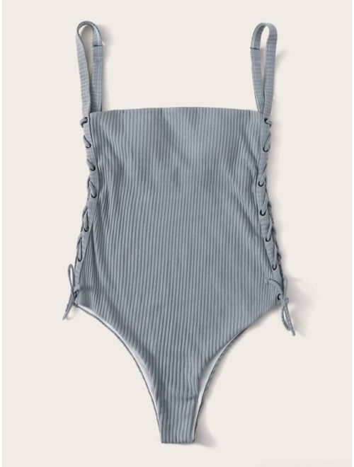Textured Lace-up Side One Piece Swimwear