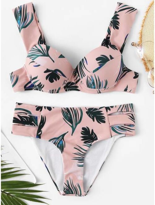 Tropical Print Bustier Top With Cut Side Bikini Set