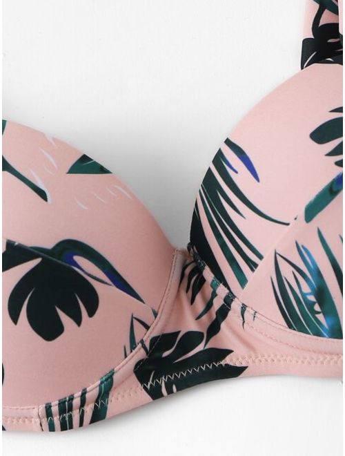 Tropical Print Bustier Top With Cut Side Bikini Set