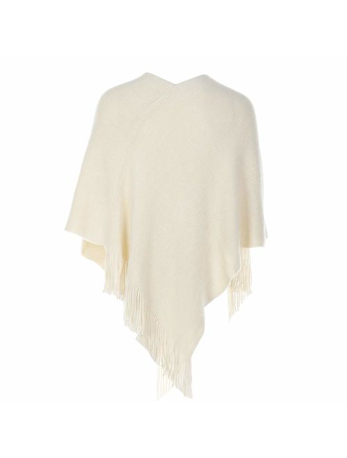 LIKIN Womens Poncho Sweater V Neck Solid Knit Pullover Cape Lightweight Shawl Elegant Wrap with Fringes