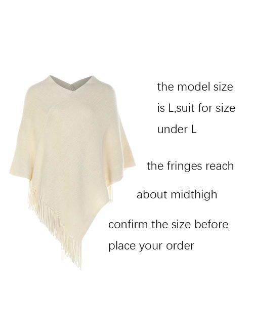 LIKIN Womens Poncho Sweater V Neck Solid Knit Pullover Cape Lightweight Shawl Elegant Wrap with Fringes