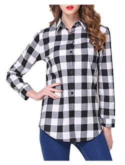 Kyerivs Women's Check Plaid Shirts V Neck Roll Up/Long Sleeve Casual Blouse Tops