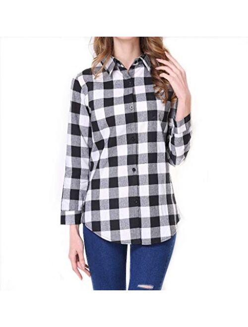 Kyerivs Women's Check Plaid Shirts V Neck Roll Up/Long Sleeve Casual Blouse Tops