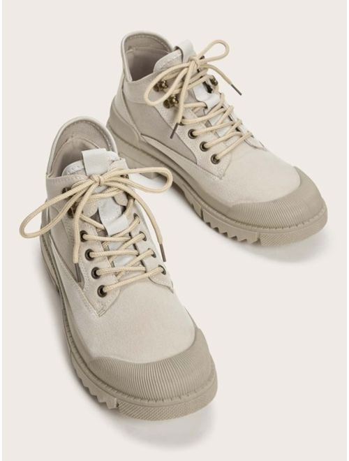 Men Lace-up Front Canvas Panel Hiking Boots