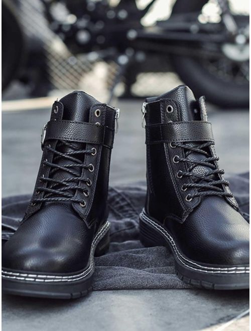 Men Lace-up Front Buckle Decor Combat Boots