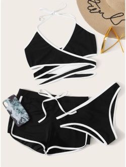 Contrast Piping Wrap Halter Bikini Set With Shorts 3pack