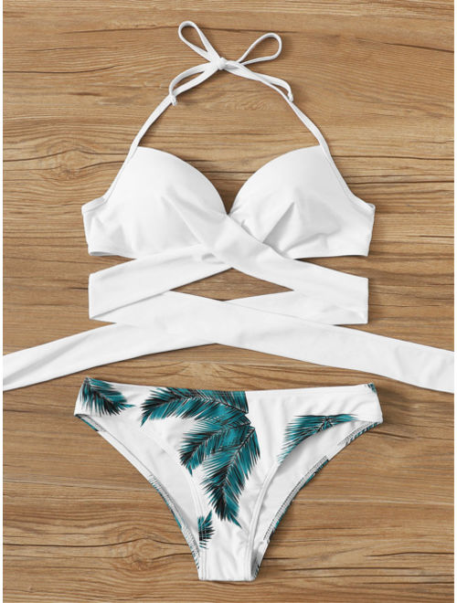 Cross Wrap Top With Leaf Print Bikini Set