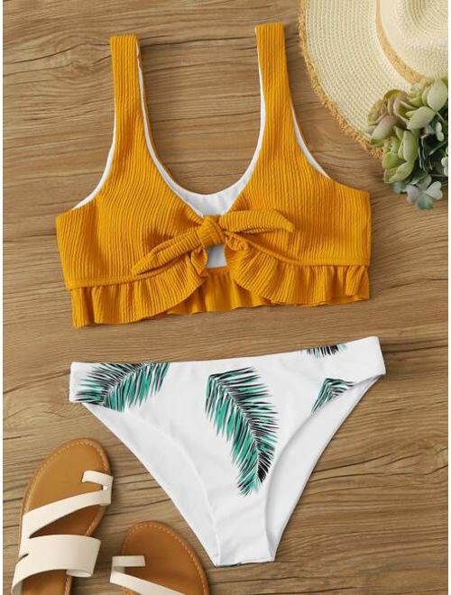 Textured Knot Front Top With Palm Print Panty Bikini Set