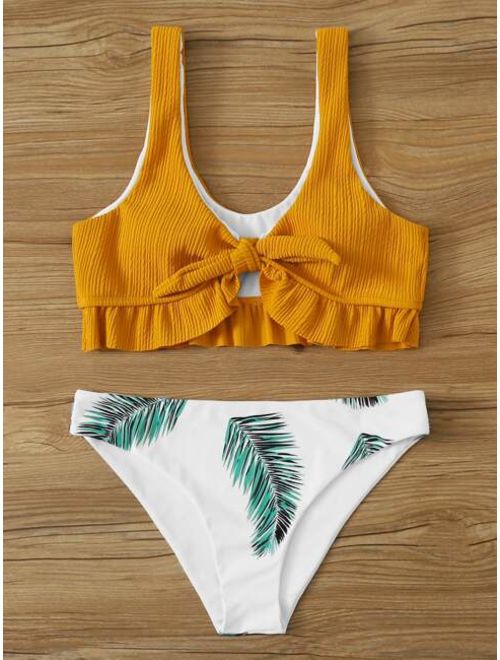 Textured Knot Front Top With Palm Print Panty Bikini Set