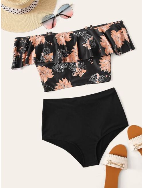 Shein Tropical Flounce Top With High Waist Bikini Set