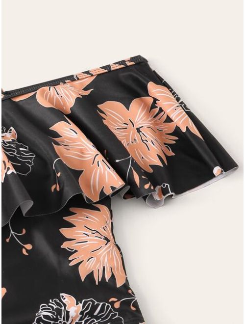 Shein Tropical Flounce Top With High Waist Bikini Set