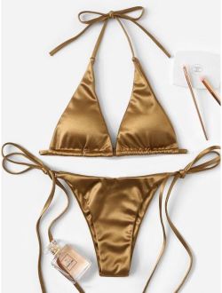 Metallic Halter Top With Tie Side Bikini Set