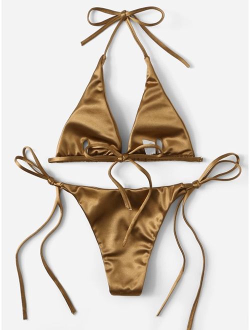 Shein Metallic Halter Top With Tie Side Bikini Set
