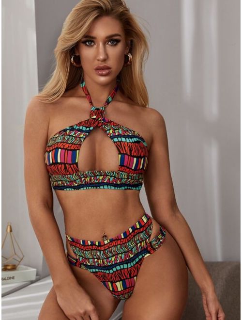 Tribal Halter Top With High Cut Bikini Set