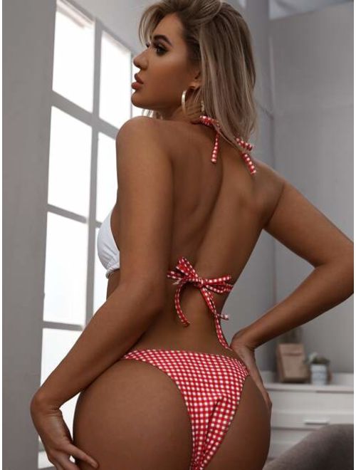 Gingham Halter Top With Thong Bikini Set