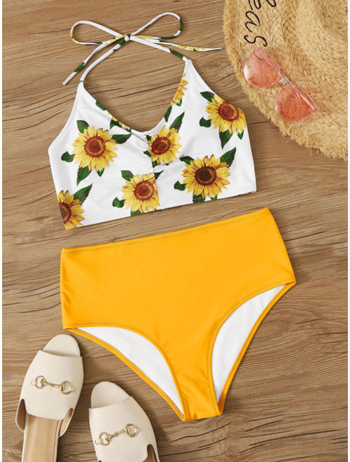 Sunflower Random Print Halter Top With High Waist Bikini