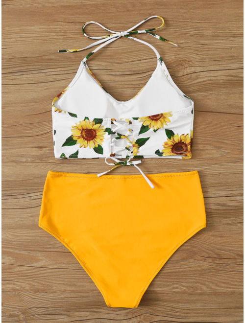 Sunflower Random Print Halter Top With High Waist Bikini