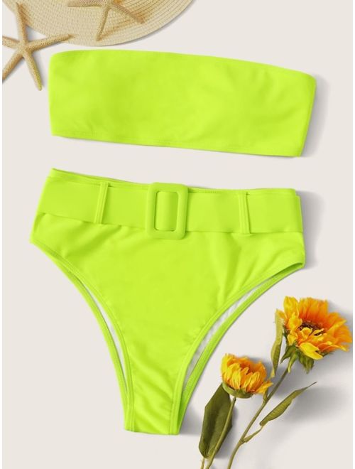 Neon Lime Bandeau With Belted High Waist Bikini Set